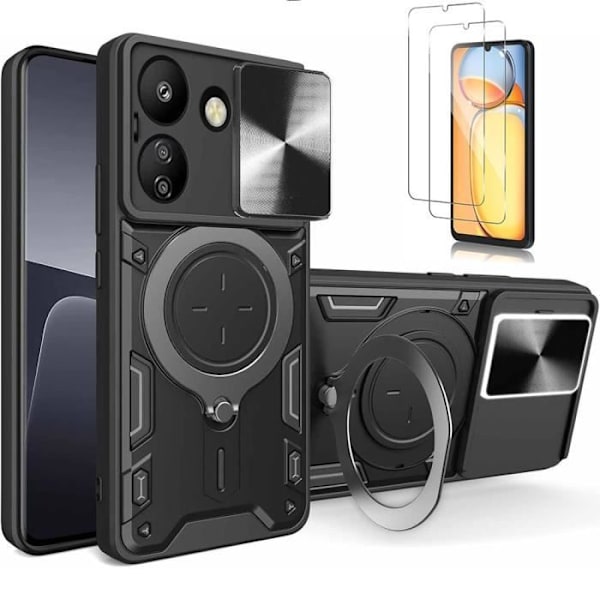 Skydd för Xiaomi Redmi 13C - Svart - Stöttålig PC + TPU - Kameraskydd - Rotera stöd - 2 Härdat glas Svart