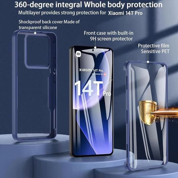Fodral för Xiaomi 14T Pro, dubbelsidig fram- och baksida Fullt skydd - Marinblå marinblå