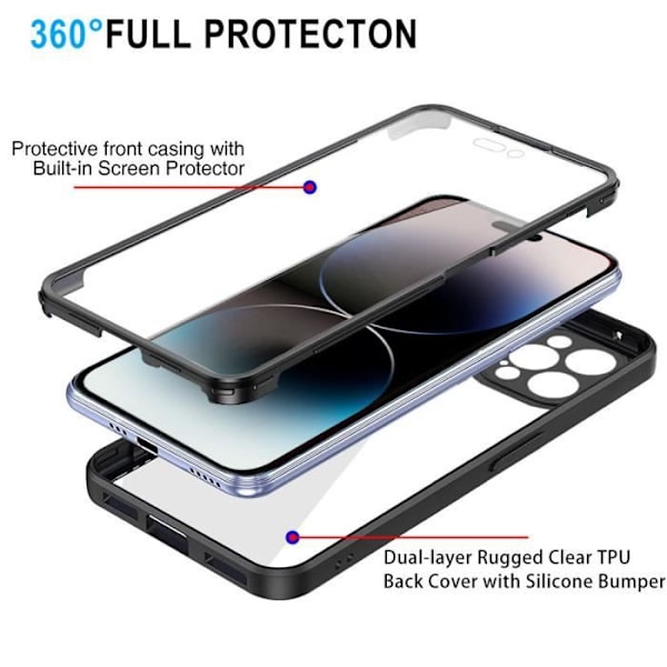Coque - E.F.CONNECTION - för iPhone 14 Pro Max - 360° skydd - Silikon + PC - Svart Svart
