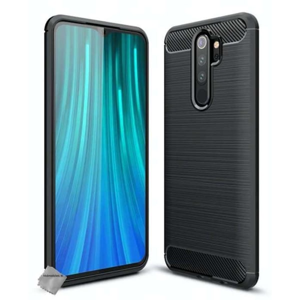 Carbon gel silikone etui til Xiaomi Redmi Note 8 Pro + hærdet glas - SORT Svart kol + glas