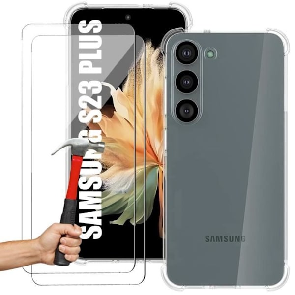 Beskyttelsescover til Samsung Galaxy S23+ (S23 Plus) - E.F.CONNECTION - 4 Forstærkede Hjørner Transparent Silikone og 2 Tempereret Glas Transparent