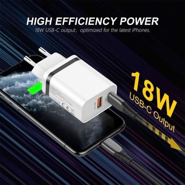 Laddare Vägg 2 Portar - E.F.CONNECTION - PD+QC 3.0 - USB-C Kabel 1M - Kompatibel med OPPO Vit