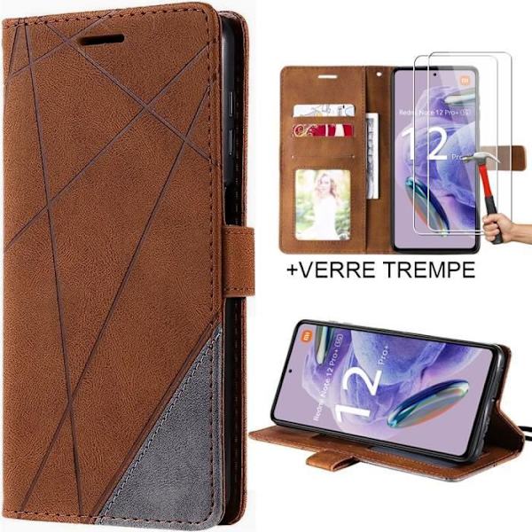 Fodral för Redmi Note 12 Pro+-Note 12 Pro Plus + 2 härdade glasögon, brunt lädereffektskydd med lock