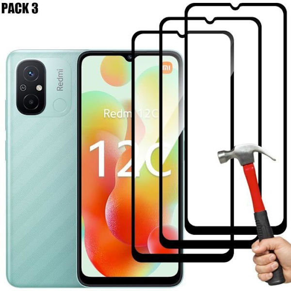 Helhärdat glas för Xiaomi Redmi 12C - Redmi 11A - Set med 3 - Reptålig Transparent med svart kant