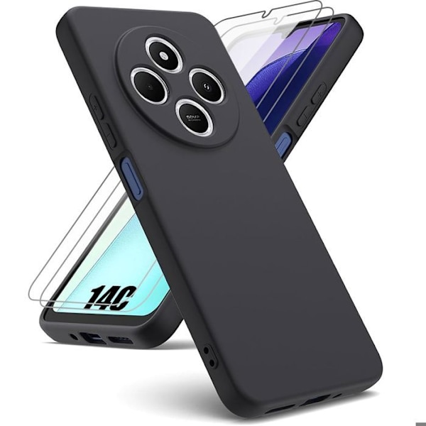 Coque för Xiaomi Redmi 14C - Svart Silikon Skydd + 2 Härdade Glas - E.F.Connection® Svart