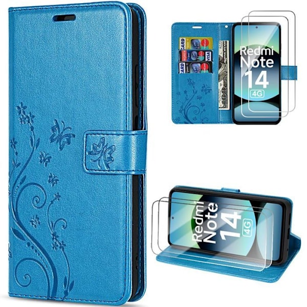 Coque + 2 Härdat glas för Xiaomi Redmi Note 14 4G (inte för 5G) Skydd i konstläder Blått med fjärilsmönster och blommor Blå