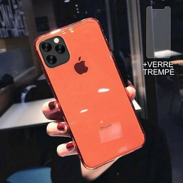 Etui til iPhone 12 Pro Max + Skærmbeskytter i hærdet glas, blødt silikonebeskyttelsescover Bumper Clear Red