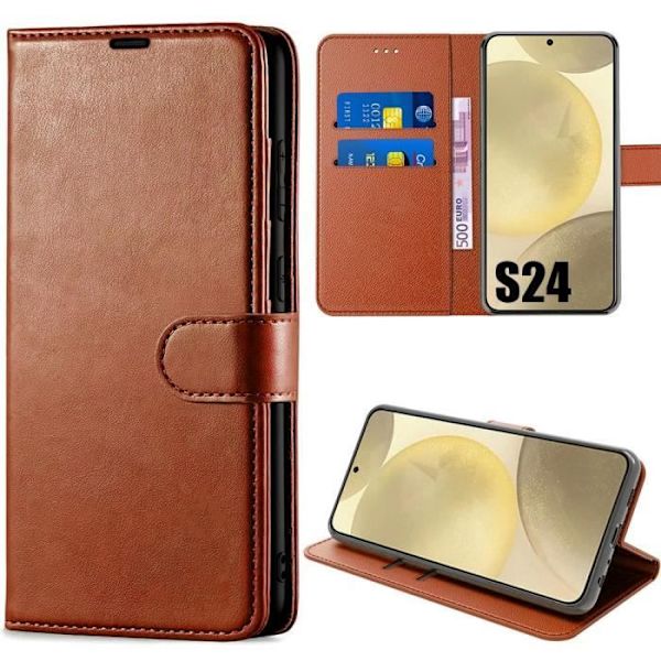 Coque för Samsung Galaxy S24 - Brun - Stötabsorberande - Mjuk - Myntficka - Syntetläder kastanj
