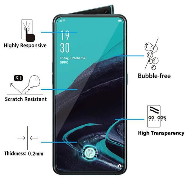 För Oppo Reno2- Reno 2 6,5": Lot - Paket med 2 skärmskyddsfilmer av härdat glas