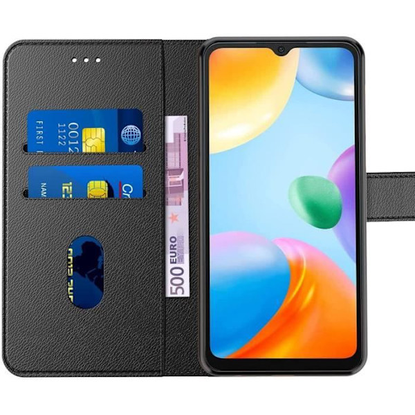 Etui til Xiaomi Redmi 10C + 2 hærdede briller, sort lædereffektbeskyttelse Magnetisk lukning Svart