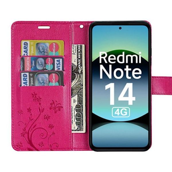 Coque för Xiaomi Redmi Note 14 4G (inte för 5G) Stötsäker Syntetiskt Läder Fuchsia Motiv Fjäril Växt Fuchsia