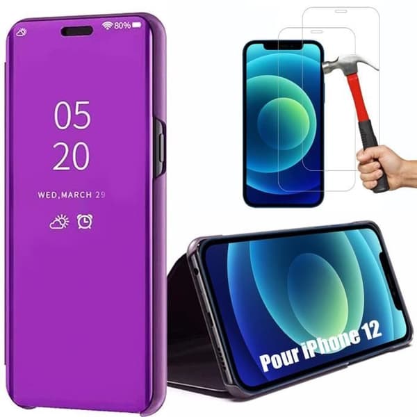 Smartphonefodral - SMART VIEW - för iPhone 12 - Lila - 2-pack härdade glas - Hård skydd Lila