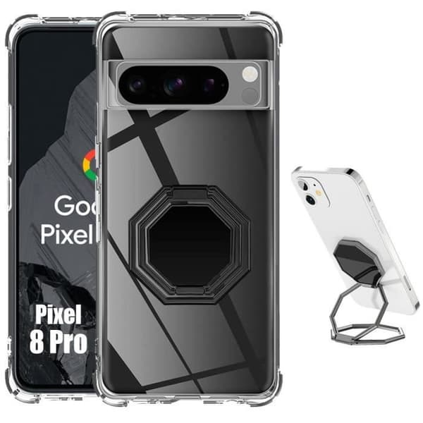 Coque - E.F.CONNECTION - för Google Pixel 8 Pro - Transparent silikon - Stötsäker - Justerbart oktogonalt stöd Transparent