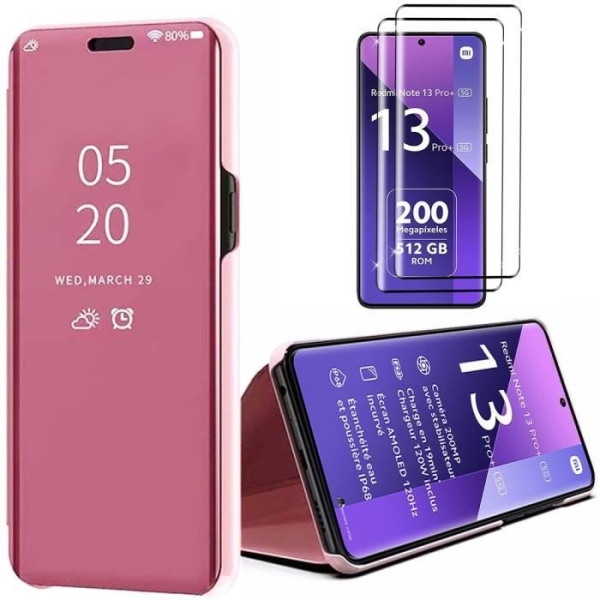 Fodral till Xiaomi Redmi Note 13 Pro+ 5G - Note 13 Pro Plus 5G, Smart Cover Bumper med stativfunktion, Rosa + 2 härdade glasögon