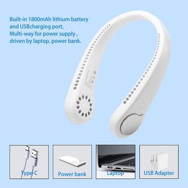 Bærbar halsventilator Mini USB-blæser, 3-hastigheder, bladløs med 360° luftstrøm, halsblæser til hjemmekontoret[147]