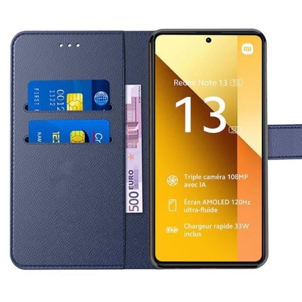 Etui til Xiaomi Redmi Note 13 5G (ikke til 4G), marineblå, stødsikkert lædereffektetui med kortholder og stativfunktion