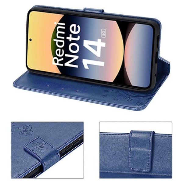 Coque för Xiaomi Redmi Note 14 5G (inte för 4G) Flip Case Syntetiskt Läder Mönster Upphöjd Blomma Fjäril - Mörkblå marinblå