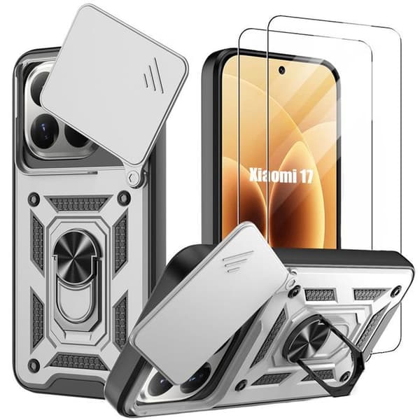 Skydd för Xiaomi 17, Stötsäker med Ring och Kameraskydd - Silver - 2 Härdade Glas Silver
