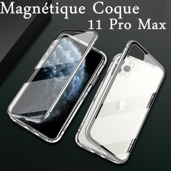 Magnetisk etui til iPhone 11 Pro Max, 2 i 1 Beskyttende BUMPER Aluminium og dobbelt hærdet glas For- og bagside stift-sølv