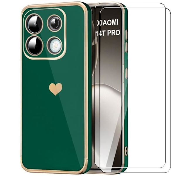 Coque och Härdat Glas - Xiaomi - 14T Pro - Mjuk TPU - Nattgrön - Hjärtmönster Midnattsgrönt