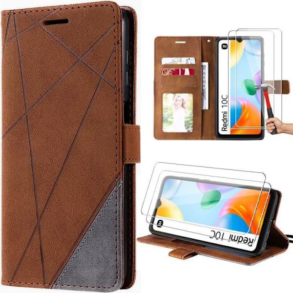 Fodral för Xiaomi Redmi 10C Flip Fodral stöder brun lädereffekt och 2 härdade glasögon