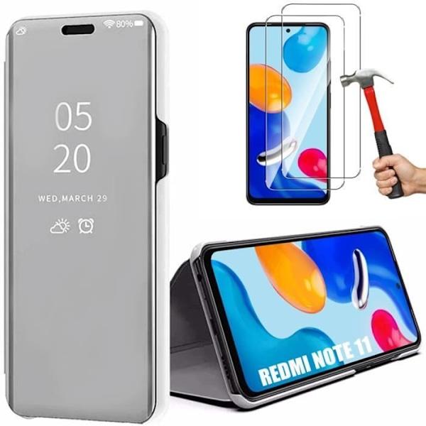 Fodral till Xiaomi Redmi Note 11-11S - Clear View Shockproof Silver + 2 härdade glasögon Silver