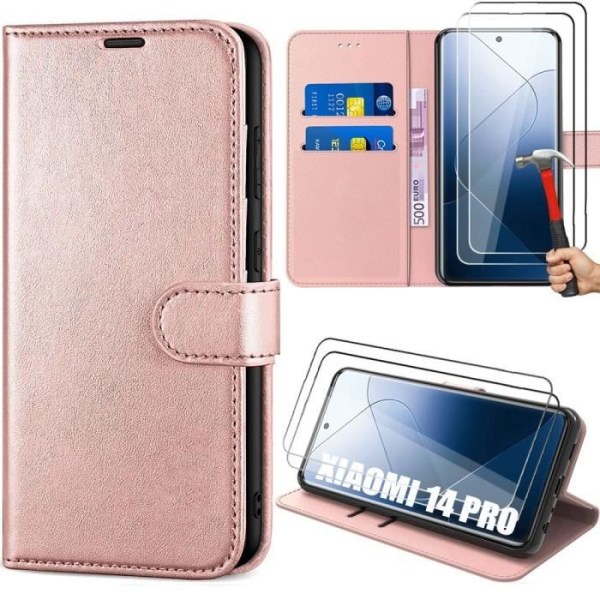 Coque - Xiaomi - 14 Pro - Rosa - Stöttålig - PU-läder med Stöd och 2 Härdat Glas Rosa