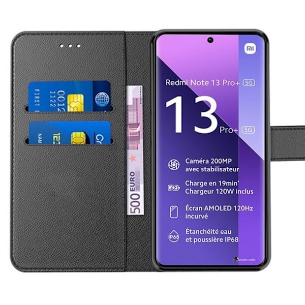Coque - Xiaomi - Redmi Note 13 Pro+ 5G - Stötsäker - PU-läder - Justerbart stativ Svart