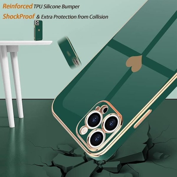 Fodral för iPhone 15 Pro Max Midnight Green Soft TPU Stötsäkert hjärtmönster Anti-Scratch med justerbar axelrem