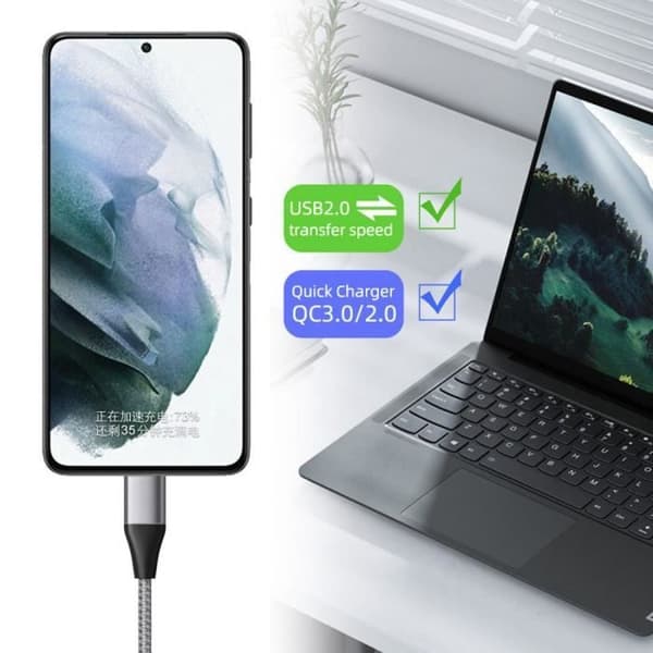 USB-C-laddare 25W - E.F.CONNECTION - Nylonkabel 1M - Kompatibel med iPhone 15 - Snabbladdning Grå