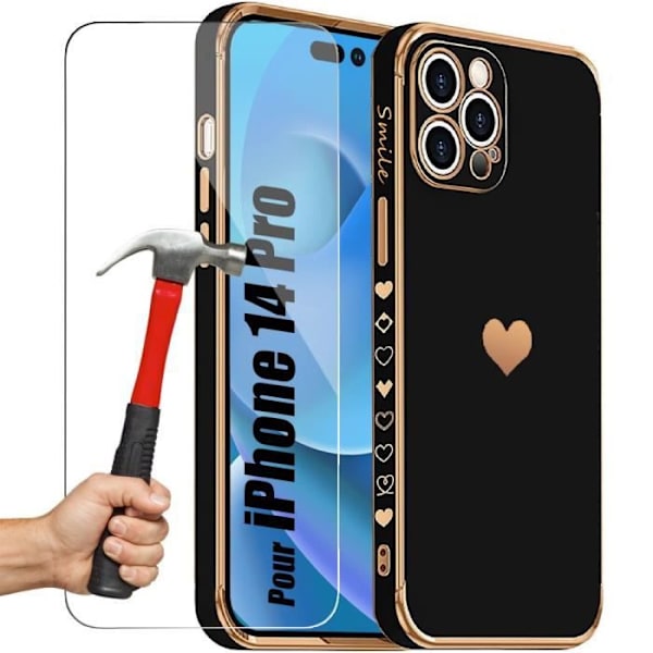 Fodral för iPhone 14 Pro Black Heart Pattern Anti-Scratch Mjuk TPU + 2 härdade glasögon