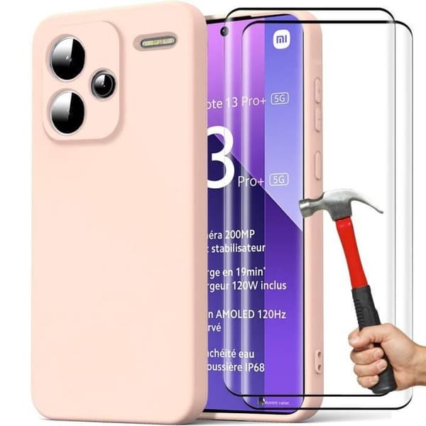 Silikonfodral för Xiaomi Redmi Note 13 Pro+ 5G - Note 13 Pro Plus 5G, Matt Rosa Slim Shockproof + 2 härdade glasögon