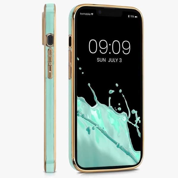 Skyddsskal - E.F.CONNECTION - för iPhone 12 - Turkos - Guldkant - Stötsäker - Härdat Glas Turkos