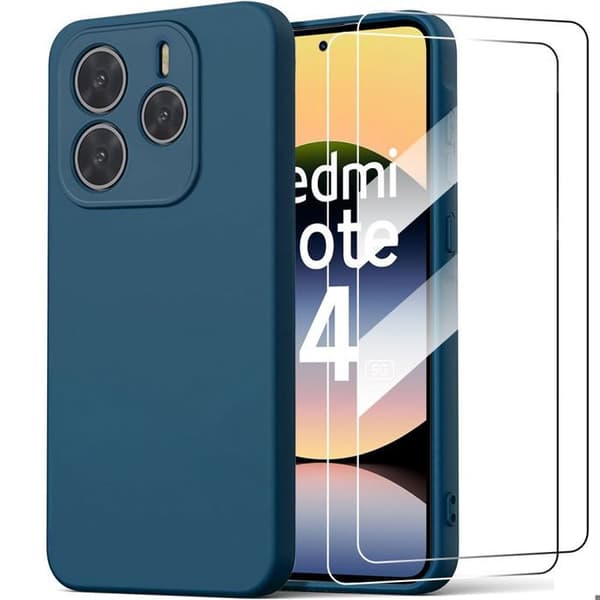Skydd för Xiaomi Redmi Note 14 5G - Mörkblå Silikon + 2 Härdade Glas - E.F.Connection® marinblå