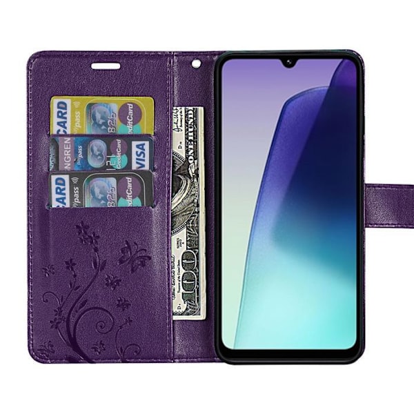 Skyddsfodral och 2 Doppade Glas för Xiaomi Redmi 14C, Stötskydd i Synthesläder, Mörkvioletta Motivet med Fjäril och Växt Mörklila