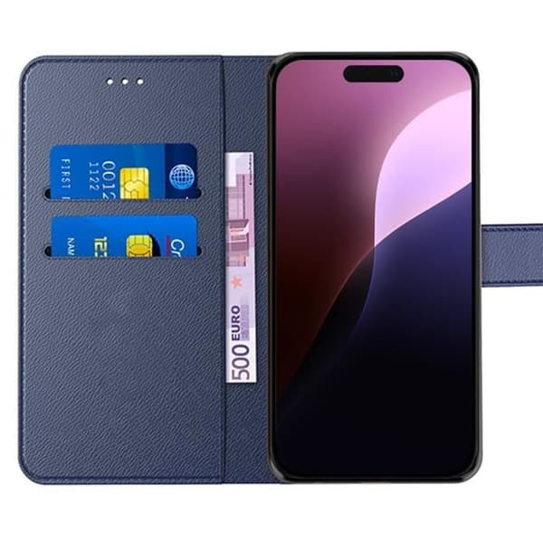 Coque - E.F.CONNECTION - för iPhone 16 Pro - Syntetläder - Repellerande - 2 Härdat Glas marinblå