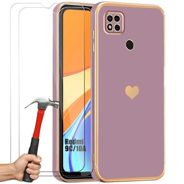 Fodral + 2 härdade glasögon för Xiaomi Redmi 9C-10A - Lila - Stötsäker silikon med pläterat och guldmönster med kärlekshjärta