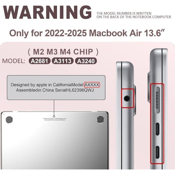 Skal Kompatibel med MacBook Air 13,6 Tommer M4 M3 M2 2025-2022 Udgivelse A3240 A3113 A2681, Beskyttelsesetui Hård Skal, Lyserød Färg: Rosa