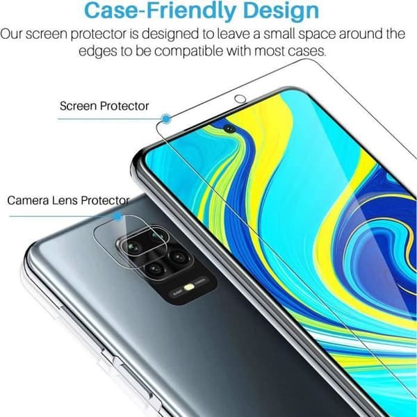 Silikonfodral för Redmi Note 9 Pro - Note 9S + 2 härdade glasögon + 2 bakre linsglasögon Transparent
