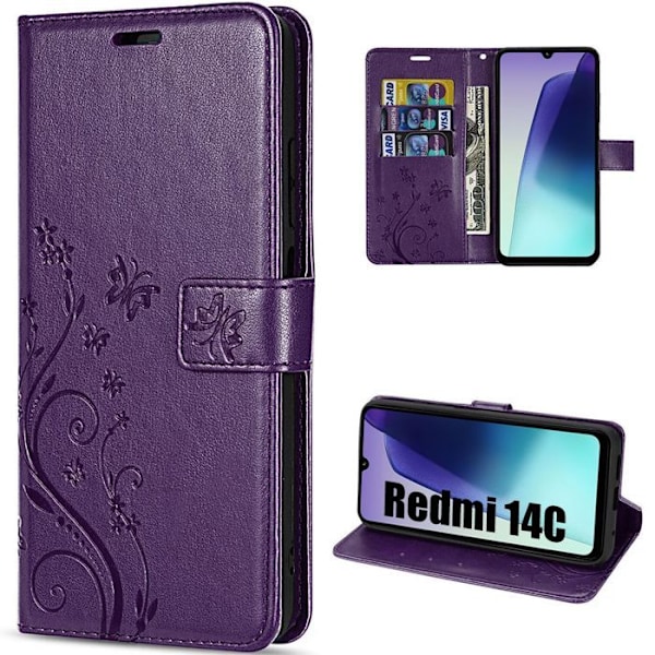 Skyddsskal för Xiaomi Redmi 14C, Flip-skydd Anti-repor Syntetiskt läder Blomsterrelief - Mörklila Mörklila