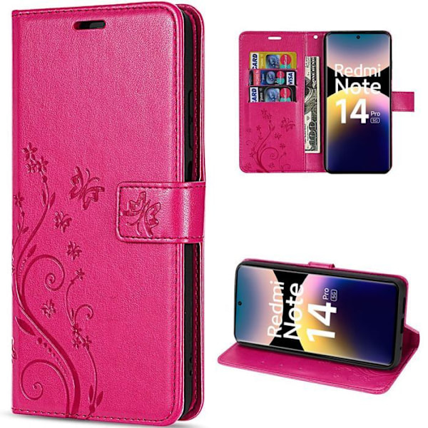 Coque til Xiaomi Redmi Note 14 Pro 5G (ikke til 4G) Flip Case i syntetisk læder, stødsikker, med sommerfugle-mønster i fuchsia Fuchsia