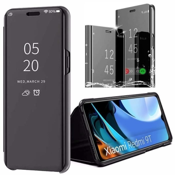 Beskyttelsesetui til Redmi 9T - E.F.CONNECTION - Spejleffekt gennemsigtigt vindue - Sort svart