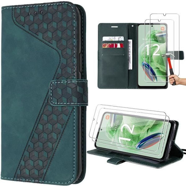 Coque til Xiaomi Redmi Note 12 5G - Grøn - Prægning Læder Effekt - Kortlomme - Stativ - 2 Tempered Glas Grön
