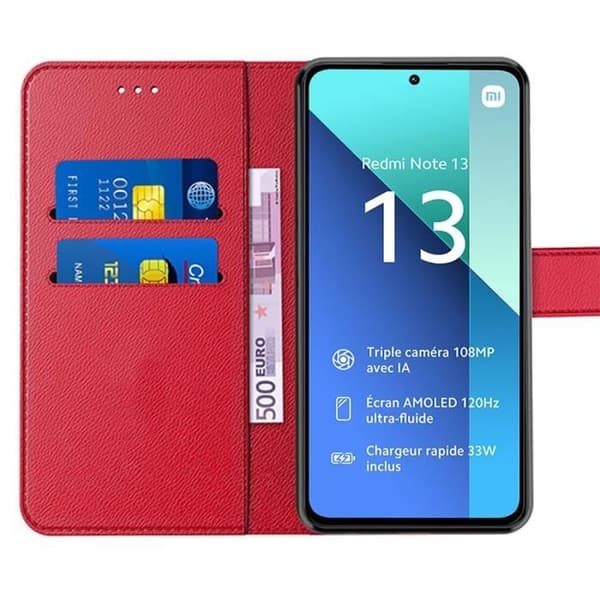 Skydd för Xiaomi Redmi Note 13 4G - E.F.Connection - PU-läder - Röd - 2 Härdat glas - Justerbart stativ Röd
