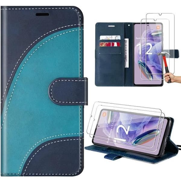 Coque - Xiaomi - Redmi Note 12 Pro+ 5G - Blå - PU Läderfodral - 2 Härdat Glas Blå