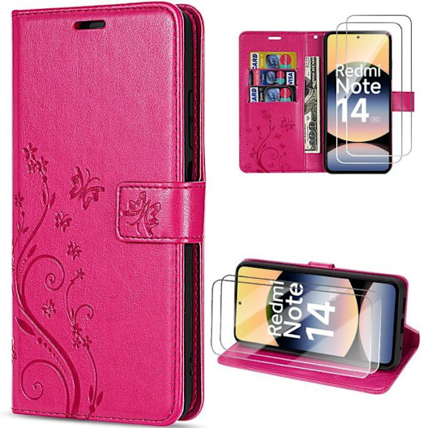 Coque og 2 Tåkede Glas til Xiaomi Redmi Note 14 5G (ikke til 4G) Beskyttelse Af Syntetisk Læder Med Sommerfugl Og Blomst Mønster Fuchsia Fuchsia