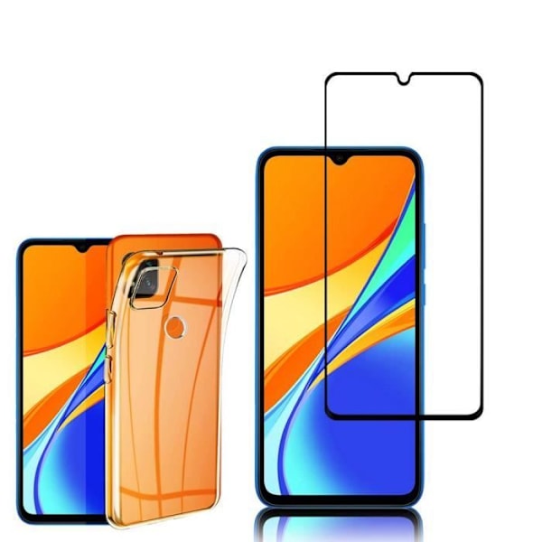 Til Xiaomi Redmi 9C- 9C NFC 6.53": UltraSlim gel silikone etui - TRANSPARENT + 1 farvet hærdet glasfilm - SORT