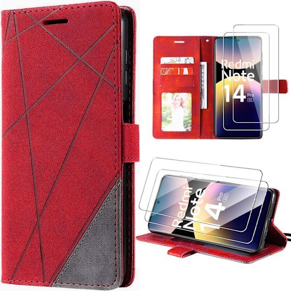 Coque + 2 Glas Med Tempererat Skydd för Xiaomi Redmi Note 14 Pro 5G (inte för 4G) Rep-skydd Pu Läder Röd Röd
