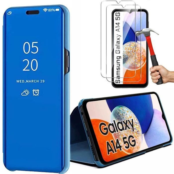 2 härdade glasögon + blått fodral för Samsung A14 4G/5G spegeleffekt Anti-skrapa 360 graders skydd Blå