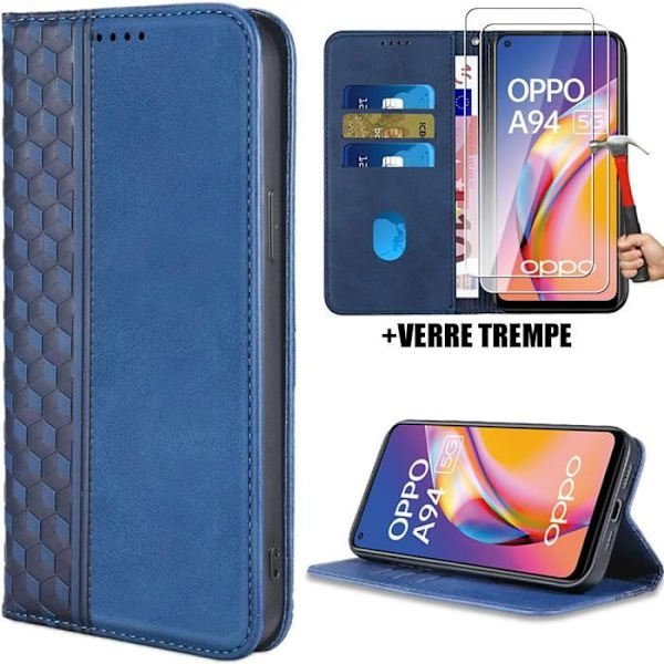 Fodral + 2 härdade glasögon för OPPO A94 5G, lyxigt mosaikmönster Anti-scratch Marinblå lädereffektplånbok (ej för A94 4G)